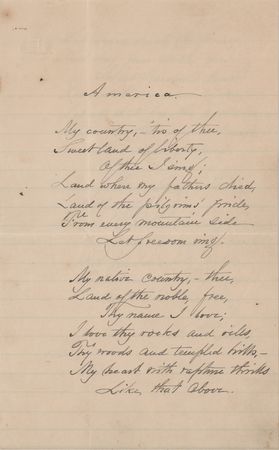 Lot #593 Samuel Francis Smith Signed Handwritten