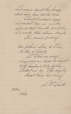 Lot #593 Samuel Francis Smith Signed Handwritten Lyrics for 'America' - Image 2