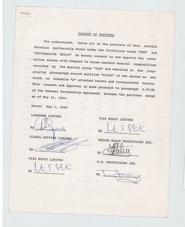 Lot #733 Yes Document Signed - Songwriting Shares for '90125' - Image 1