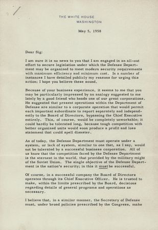 Lot #108 President Dwight D. Eisenhower Typed Letter Signed on the Need for a Strong Defense Department - Image 1