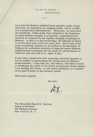 Lot #108 President Dwight D. Eisenhower Typed Letter Signed on the Need for a Strong Defense Department - Image 2