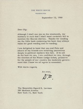 Lot #109 President Dwight D. Eisenhower Typed Letter Signed on the 1960 Presidential Election - Image 1