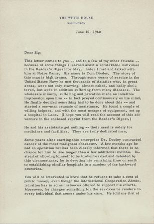 Lot #110 President Dwight D. Eisenhower Typed Letter Signed on the Famed Physician Thomas Dooley - Image 1