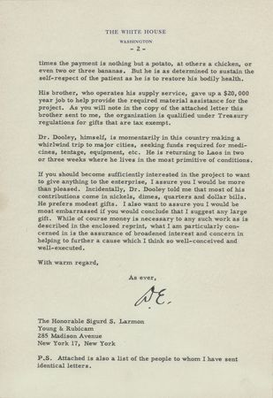 Lot #110 President Dwight D. Eisenhower Typed Letter Signed on the Famed Physician Thomas Dooley - Image 2