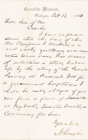 Lot #17 Abraham Lincoln Civil War-Dated Autograph Letter Signed as President to Secretary of War Edwin M. Stanton, Interceding for a 