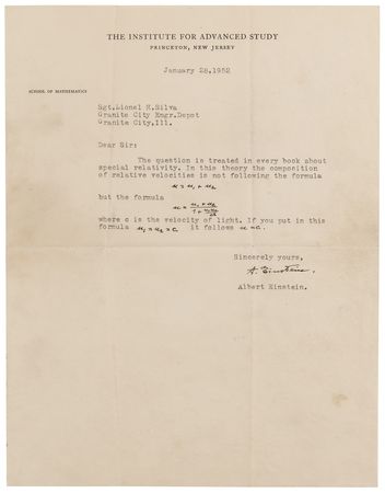 Lot #286 Albert Einstein Typed Letter Signed with Handwritten Velocity Addition Formulas: 