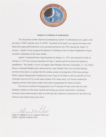 Lot #7296 Apollo 14 Flown Patch - From the Personal Collection of Edgar Mitchell - Image 3