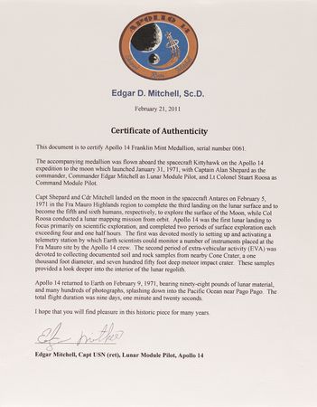 Lot #7272 Apollo 14 Flown Franklin Mint Medallion - From the Personal Collection of Edgar Mitchell - Image 4