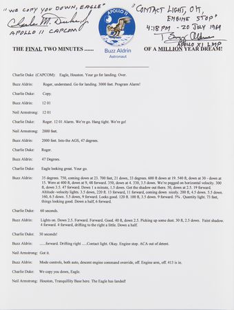 Lot #7188 Apollo 11: Buzz Aldrin and Charlie Duke Signed Souvenir Mission Transcript - 
