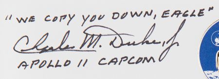 Lot #7188 Apollo 11: Buzz Aldrin and Charlie Duke Signed Souvenir Mission Transcript - 