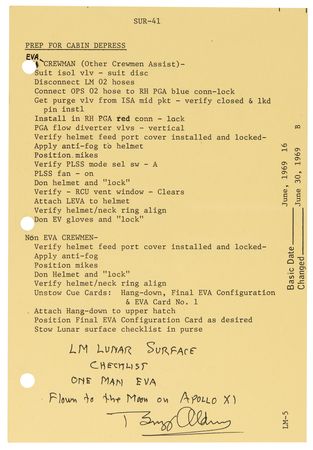 Lot #7137 Apollo 11 Flown LM Lunar Surface Checklist Page Signed by Buzz Aldrin - One-Man EVA Procedures - Image 1