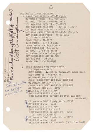 Lot #7091 Apollo 7 Flown Checklist Page Signed by Walt Cunningham - From the Personal Collection of Walt Cunningham - Image 1