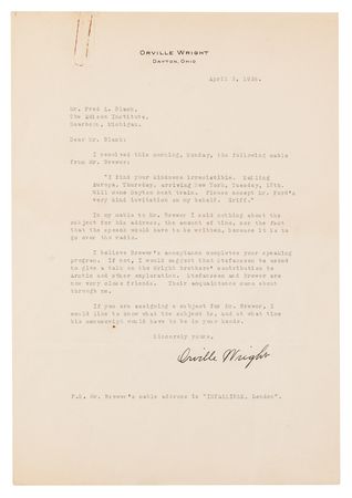 Lot #7013 Orville Wright Typed Letter Signed, Suggesting a Noted Canadian Explorer ?to give a talk on the Wright brothers? contribution to Arctic and other exploration