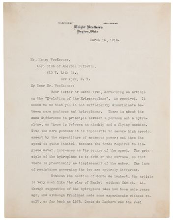Lot #7001 Orville Wright Typed Letter Signed, Correcting the Record on the 'Evolution of the Hydraeroplane' - Image 2