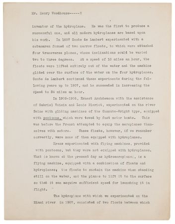 Lot #7001 Orville Wright Typed Letter Signed, Correcting the Record on the 'Evolution of the Hydraeroplane' - Image 3