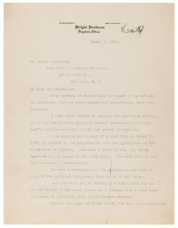 Lot #7002 Orville Wright Typed Letter Signed on Hydroplane Experiments: 