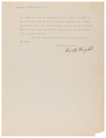 Lot #7002 Orville Wright Typed Letter Signed on Hydroplane Experiments: 