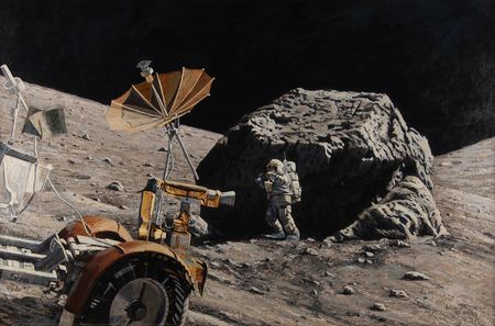 Lot #7202 Alan Bean Original Acrylic Painting - 'Earth Is Watching' (1983) - Image 1