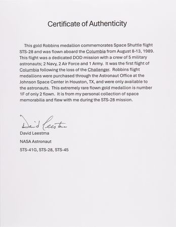 Lot #7388 Astronaut David Leestma’s Collection of (108) Space Shuttle Robbins Medallions, with (3) Very Rare Flown Gold Examples from STS-41-G, STS-28, and STS-45 - Image 12