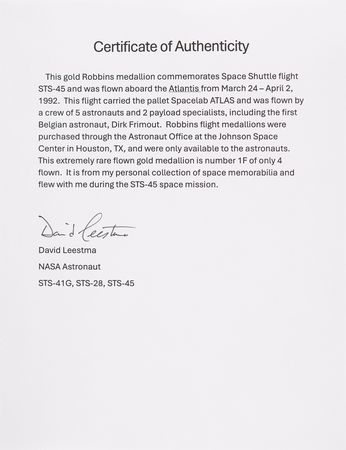 Lot #7388 Astronaut David Leestma’s Collection of (108) Space Shuttle Robbins Medallions, with (3) Very Rare Flown Gold Examples from STS-41-G, STS-28, and STS-45 - Image 13