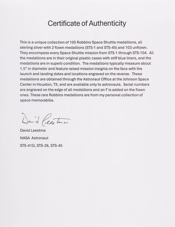 Lot #7388 Astronaut David Leestma’s Collection of (108) Space Shuttle Robbins Medallions, with (3) Very Rare Flown Gold Examples from STS-41-G, STS-28, and STS-45 - Image 14