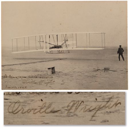 Lot #7003 Orville Wright Signed ‘First Flight’ Photograph - Uncommonly Large Example Presented to an Italian WWI Ace - Image 1