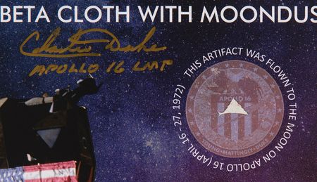 Lot #7358 Apollo 16 Flown Beta Swatch Presentation Signed by Charlie Duke - Image 2