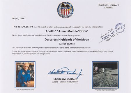 Lot #7358 Apollo 16 Flown Beta Swatch Presentation Signed by Charlie Duke - Image 3