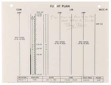 Lot #7133 Apollo 11 Flown Flight Plan Page Signed by Buzz Aldrin - From the Personal Collection of Buzz Aldrin - Image 1