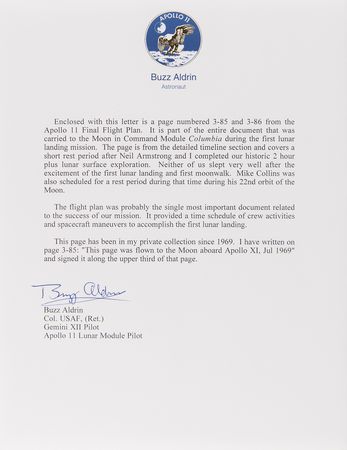 Lot #7133 Apollo 11 Flown Flight Plan Page Signed by Buzz Aldrin - From the Personal Collection of Buzz Aldrin - Image 4