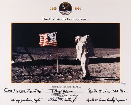 Lot #7165 Buzz Aldrin and Charlie Duke Signed Print - 'The First Words Ever Spoken' (Ltd. Ed. #35/99) - Image 1