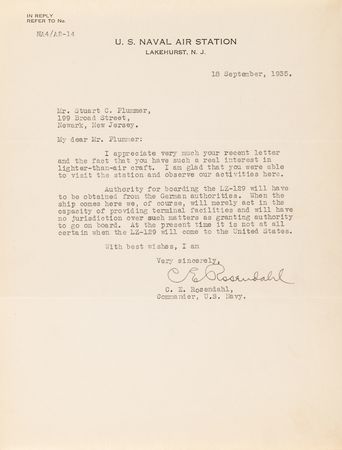 Lot #7009 Hindenburg Correspondance Archive with (20+) Letters from Airship Notables like Lakehurst’s Charles E. Rosendahl and Zeppelin’s Hugo Eckener - Image 3