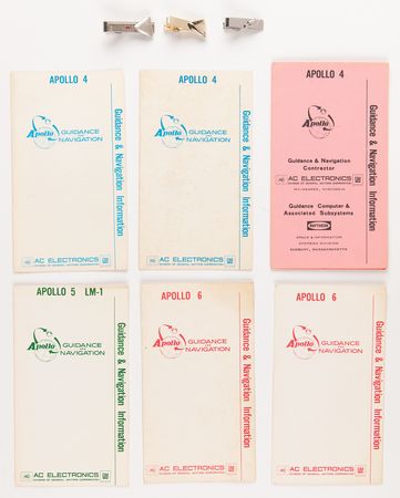 Lot #7400 Apollo 4-6 Guidance & Navigation Information Brochures (6) and Command Module Tie Clips (3) - Image 1