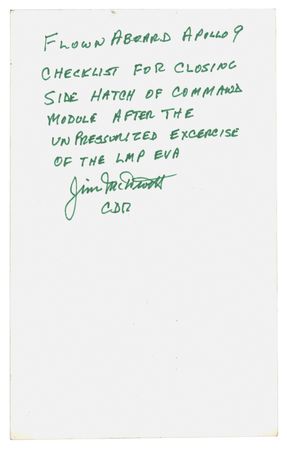 Lot #7109 Apollo 9 Flown EVA Cue Card Signed by Jim McDivitt - From the Personal Collection of Jim McDivitt - Image 1