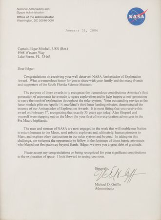 Lot #7317 NASA 'Ambassador of Exploration Award' Letter - From the Personal Collection of Edgar Mitchell - Image 1