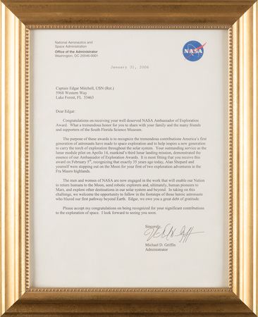 Lot #7317 NASA 'Ambassador of Exploration Award' Letter - From the Personal Collection of Edgar Mitchell - Image 2