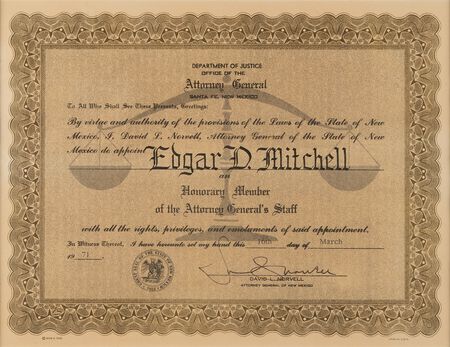 Lot #7321 Santa Fe, New Mexico Attorney General Certificate - From the Personal Collection of Edgar Mitchell - Image 1