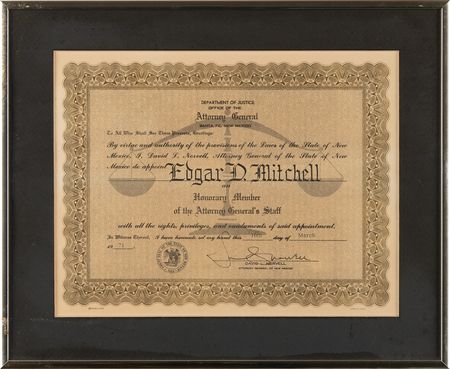 Lot #7321 Santa Fe, New Mexico Attorney General Certificate - From the Personal Collection of Edgar Mitchell - Image 2