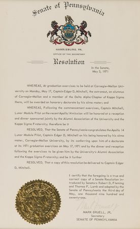 Lot #7324 State of Pennsylvania Resolution for Carnegie Mellon Day - From the Personal Collection of Edgar Mitchell - Image 1