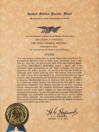 Lot #7329 United States Pacific Fleet Citation - From the Personal Collection of Edgar Mitchell - Image 1