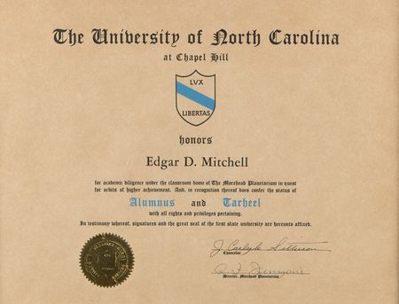 Lot #7330 University of North Carolina Morehead Planetarium Certificate - From the Personal Collection of Edgar Mitchell - Image 1