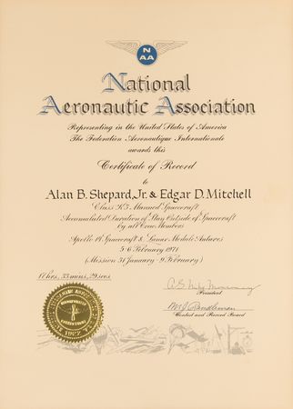 Lot #7285 Apollo 14 National Aeronautic Association World Record Certificates (2) for Distance Traveled on the Lunar Surface and Duration of Stay - From the Personal Collection of Edgar Mitchell - Image 2