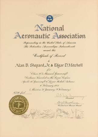 Lot #7285 Apollo 14 National Aeronautic Association World Record Certificates (2) for Distance Traveled on the Lunar Surface and Duration of Stay - From the Personal Collection of Edgar Mitchell - Image 3
