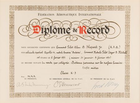Lot #7266 Apollo 14 Federation Aeronautique Internationale World Record Certificates (2) for Distance Traveled on the Lunar Surface and Duration of Stay - From the Personal Collection of Edgar Mitchell - Image 2