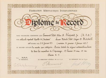 Lot #7266 Apollo 14 Federation Aeronautique Internationale World Record Certificates (2) for Distance Traveled on the Lunar Surface and Duration of Stay - From the Personal Collection of Edgar Mitchell - Image 3