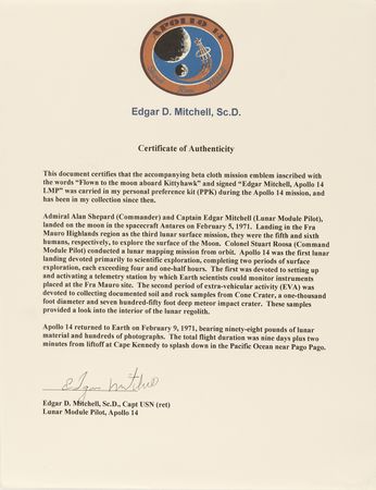 Lot #7293 Apollo 14 Flown Beta Patch - From the Personal Collection of Edgar Mitchell - Image 3