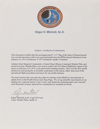 Lot #7295 Apollo 14 Flown Massachusetts State Flag - From the Personal Collection of Edgar Mitchell - Image 2