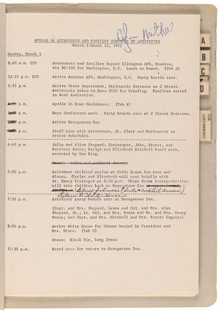 Lot #7302 Apollo 14 Schedule of Activities for Astronauts - From the Personal Collection of Edgar Mitchell - Image 3