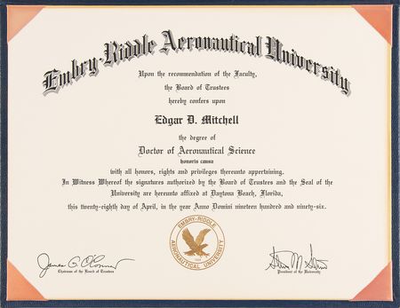 Lot #7310 Embry-Riddle Aeronautical University Honorary Diploma - From the Personal Collection of Edgar Mitchell - Image 1