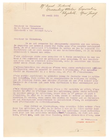Lot #224 Ettore Bugatti Archive: Typed Letter Signed on 500-HP, 16-Cylinder Engine, with Photographs and Supplements - Image 2
